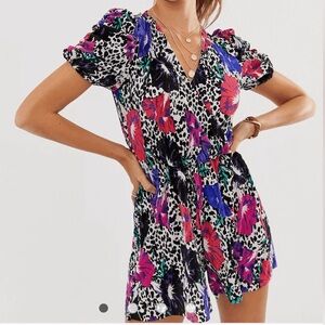 Multicolor Puff Sleeve Floral and Animal Print Romper